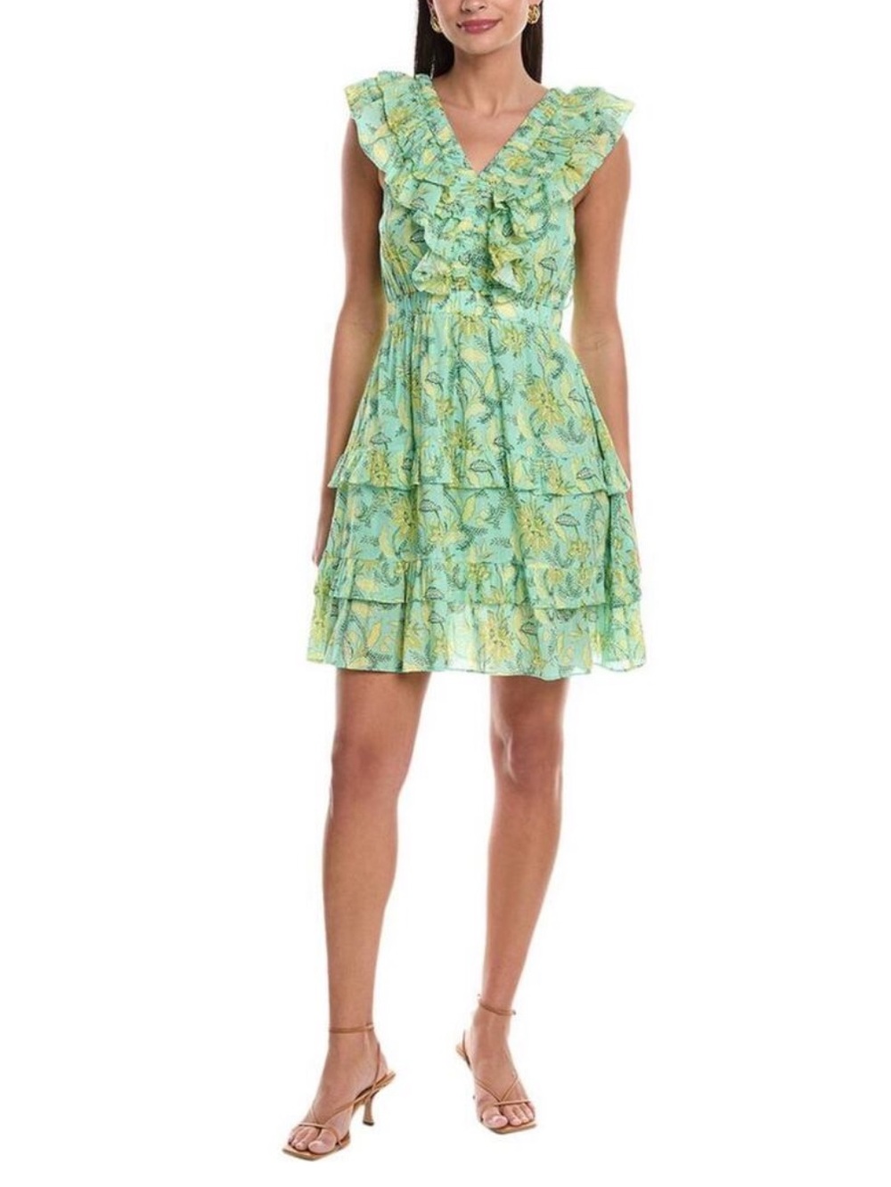 Ro's Garden Dante Floral Ruffle Minidress Green Size M mini dress 100% cotton